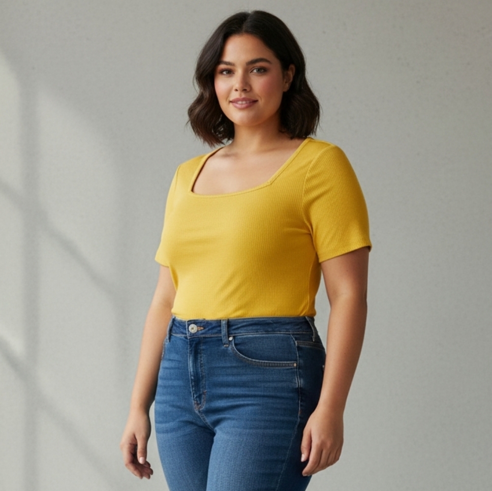 A New Approach (a.n.a) Yellow Square Neck Short Sleeve Top Size 2XL Petite 🐈